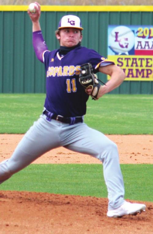 La Grange’s Kadyn Hall pitches against Sealy in the tourney opener Thursday, and first baseball Braeden Wilder snags a pick-off throw at first base in the same game. Photos by Jeff Wick