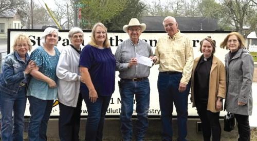 St. Paul Lutheran Church in Fayetteville donated proceeds from the annual pancake supper held on Feb. 17 to the Fayetteville Fire Department. Pictured (from left to right: Debbie Linke - WELCA President, Betty Guthman - donated sausage, Maxine Dominey, Ruth Noska - Council Treasurer, Fayetteville Fire Chief Randy Noviskie, Lynn Strahan - Council President, Pastor Jen Kindvatter, Gail Duncan - Council Secretary.