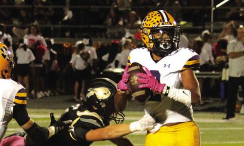 Jaden Williams looks downfield under pressure from Giddings last week.