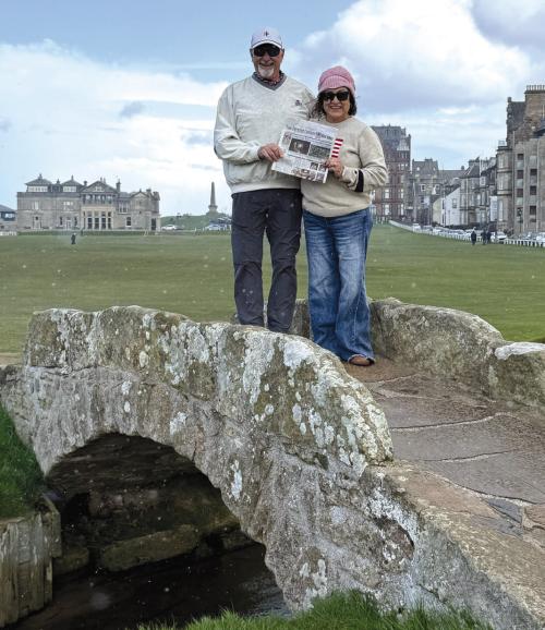 Delfina and Jerry Rohde of La Grange recently took a trip to Dublin, Ireland, and St. Andrew, Scotland. They took the Fayette County Record with them and took this picture on the Old Course Swilcan Bridge, which was built at least 700 years ago.