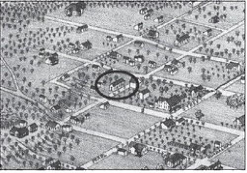 Detail from Augustus Koch’s 1880 Bird’s Eye View of La Grange showing the building believed to be the school on Camp Street where John G. Schermack taught African American students.