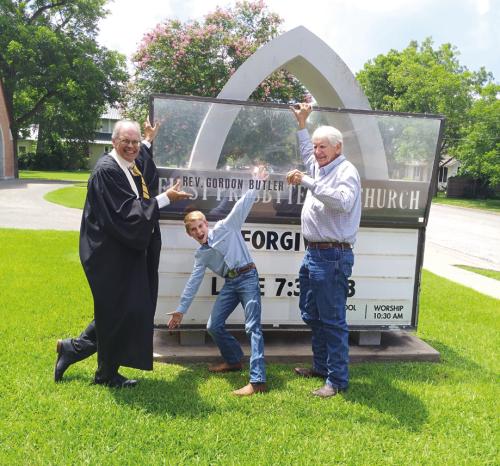 Rev. Butler, Will Janda and Clive Halder, Chair of First Presbyterian Church PNC Photo courtesy of Bobbie Nash