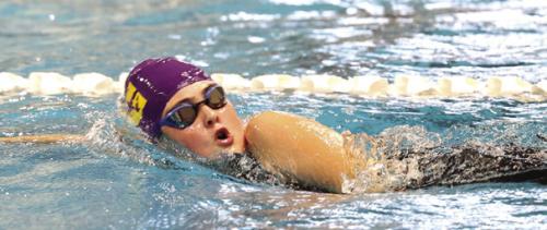 Laney Herdler, in the 500-yard freestyle, broke her own record twice during the meet, shaving a total of 2.05 seconds to set a new mark of 7:13.19. Photo by Katy Michalke