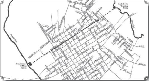 Map of La Grange showing Camp Street and the road that connected the Confederate prison camp on the Colorado River and the Campground Spring pool on Cedar Creek during the Civil War era.