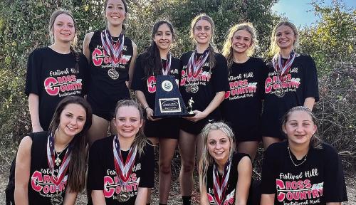 The Round Top-Carmine girls pose with their district title trophy.
