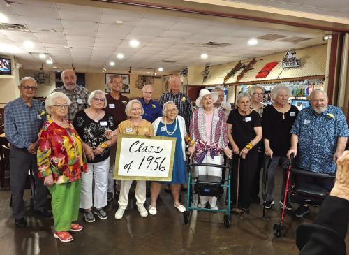 The recent 1956 LHS Class Reunion pictured front from left: Renate Streicher Hardaway, Jane Kotrla Schneider, Virginia Mika Leech, Camille Freytag Roselius, Lorene Janak Balzer, Virginia Urban Meinardus, Rose Marie Srvcek Janak, John Svoboda; back row: Johnny Orsak, James Kolbe, Doyle Krauss, Boyd Weems, Leroy Schneider, Wilburn Hackebeil, Clara Vacula Taylor.