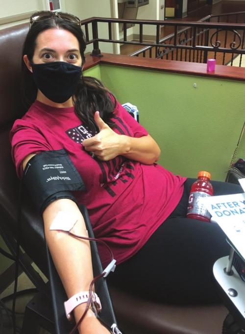 Emily Shaw is shown here donating plasma Saturday in College Station.