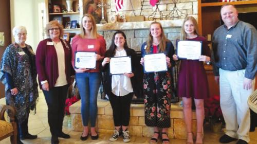 Pictured from left is: Sue Lane McCulley regent, Good Citizens chairperson Sherry Hebert regent, First Place Madelyn Karstedt, Fayetteville High School; MaKenzie Givan, La Grange High School; Regan Lux, Schulenburg High School; Zoe Essman, Giddings High School; and guest speaker, Reverend Andy Smith, First United Methodist Church, La Grange.