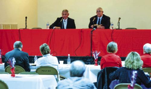 State house candidates Dennis Geesaman, left, and Stan Kitzman, right, at Saturday’s forum in Flatonia. Photo by Andy Behlen