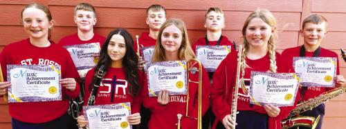 The following students attained first chair in their sections for the St. Rose of Lima Catholic School Band program for November: (front from left) Caroline Bartek-percussion, Elly Wotipka- clarinet, Mallory Bonner-trombone, Brynlee Berger-flute; back row: Bo Brossmann-baritone, Brett Hollas-trumpet, Weston Hollas-alto saxophone, and Holden Holub-tenor saxophone.