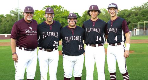 The Flatonia baseball team honored their seniors at their last home game on Monday night, a 15-0 win over Louise. Left to right: Head Coach Shawn Bruns, Raleigh Neito, Rambo Ramirez, Raymond Toro and Cale Janecka. Photo by Stephanie Steinhauser