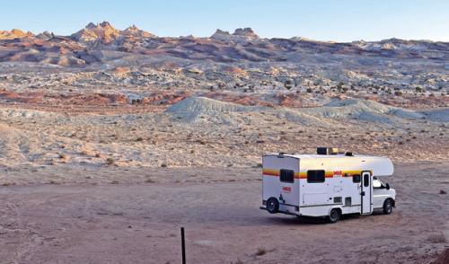 Daybreak at Goblin Valley State Park in Utah with five sleeping Wicks still inside the RV. Photo by Jeff Wick