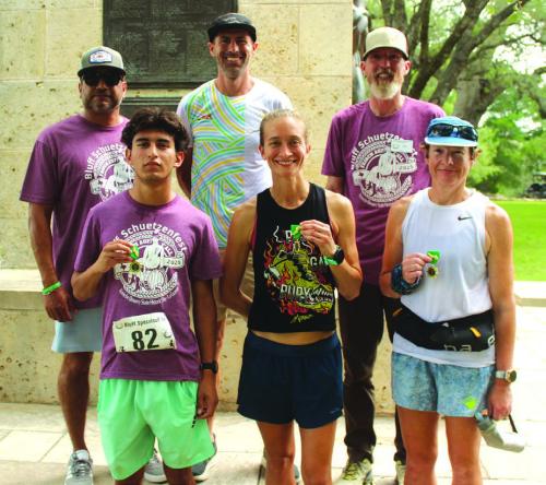 Shown here are the winners of the Spasslauf 5K (the fun run from downtown La Grange to Monument Hill that kicked off Saturday’s Schuetzenfest). Front row, left to right – Abbot Acosta (Overall winner and Men’s champ), Brooke Nelson (Women’s Champ), Nikole Tan (Women’s Masters champ); Back row - Race organizers Aaron Muniz and Cal Neff, and Dan George (Men’s Masters champ). Photo by Jeff Wick