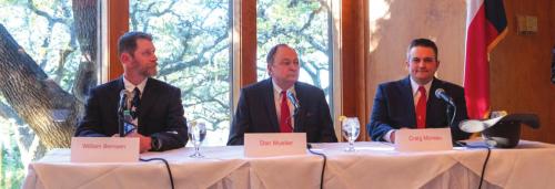 County judge candidates at Saturday’s forum at Frisch Auf! Valley County Club. Left to right: William Bernsen, Dan Mueller and Craig Moreau. Not pictured is Lori Berger, who was ill and did not attend. Photo by Andy Behlen