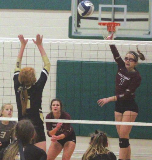 Fayetteville’s Brooklyn Jaeger spikes a ball in Saturday’s regional final against Round Top-Carmine. Photo by Brian Pierson