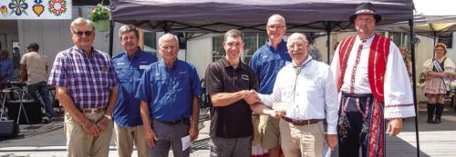 Local fundraising group The Incredible Knockouts presented a $500 donation to the Texas Czech Heritage and Cultural Center. Pictured are Edward Kozel of the Incredible Knockouts presenting the donation to TCHCC Vice President Bill Schovajsa along with (back, from left) TCHCC board members James Steffek, Walter Stoever, J.G. Hrncir, John Bartos and TCHCC Manager Mark Hermes.