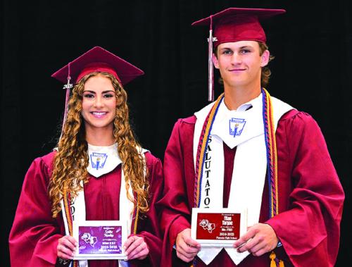Sadie Noska, left, and Titan Targac, right, hold up their Miss and Mr. FHS plaques, awarded to them during the graduation ceremony Thursday at Flatonia High School. Photo by Stephanie Steinhauser