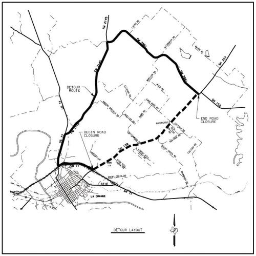 TxDOT is planning several road closures on SH 159 over the next few weeks while contractors rehabilitate the roadway. Motorists can avoid the closures by detouring via FM 2145 and FM 2981, as shown above on the map.