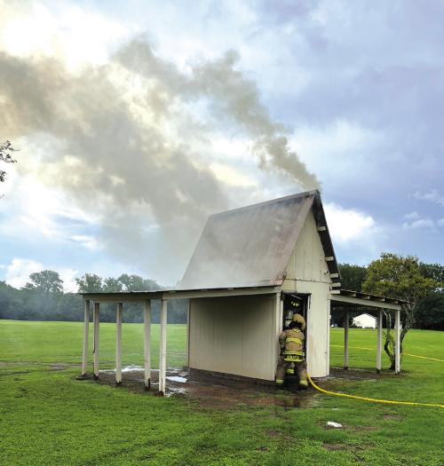 Lightning struck an outhouse on the golf course at the Frisch Auf! Valley Country Club on Saturday. The incident happened shortly before 2 p.m. La Grange Volunteer Fire Department responded. The building sustained damage, but there were no injuries according to Fire Chief Frank Menefee. Photo courtesy of La Grange Volunteer Fire Department