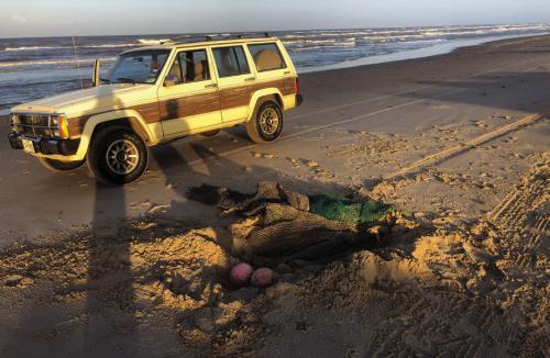 A few years go, Janessa and I found this big fishing net with glass floats burried in the sand on Padre Island National Seashore.