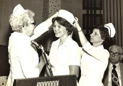 Above: Brenda Belota at her graduation from nursing school. Below, left: Brenda Belota in her early days at La Grange Family Health when the clinic was on Guadalupe Street. Below, left: Brenda and her late husband Gilbert Belota