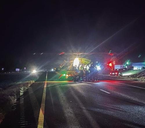 First responders load an injured patient into a medical helicopter from PHI following a major crash on Interstate 10 Sunday evening, July 13. Photo courtesy of Schulenburg VFD
