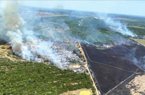 An overhead view of some of the approximately 326 acres burned in Colorado County, a blaze that firefighters from Ellinger, Fayetteville and Schulenburg helped Colorado County firefighters fight Monday.