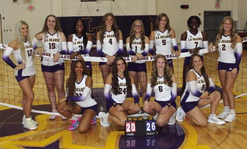 The members of the La Grange varsity volleyball team are, left to right, kneeling Brion Williams, Kyndal Brawley, Gabby Hollek and Brooklyn Barber. Standing, Ashtyn Smith, Hannah Gross, Jace Baptiste, Avery Griffin, Haedyn Cooper, Campbell Cooper, Mriyah Holmes, and Paige Michalke. Photo by Jeff Wick