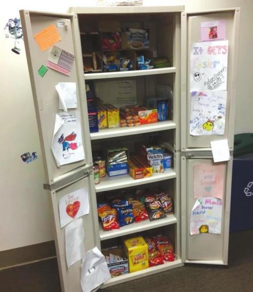 Presley’s Pantry is located on the Pediatric Oncology floor at San Antonio Military Medical Center. The pantry is stocked with snacks and drinks.