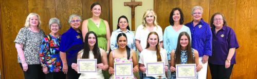 Winners of Texas State Court Memorial Scholarships who were sponsored by Court Annunciation No. 1962, seated from left, Faith Greenwood, Natalia Soto, Ella Nygren, and Elena Supak. Standing from left, Court Scholarship member Brenda Seberger and Co-Chairman Stacy Ryza, District Deputy No. 11 Rosa Galipp, Moms of the Scholarship winners, Lorretta Greenwood, Martha Soto, Tracy Nygren, Cheryl Supak, Regent Sherry Hebert, and Court Scholarship Co-Chairman Elizabeth Kallus.
