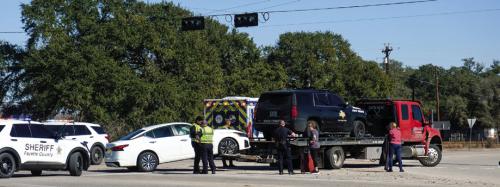 Folks passing the scene of a wreck on Business 71 in La Grange last Thursday may have noticed this State Trooper’s vehicle on the back of a tow truck. It wasn’t involved in the wreck, however. Photo by Andy Behlen