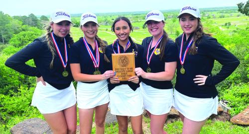 Left to right, the La Grange district championship girls golf team of Macie Kates, Ella Pineda, Gabi Janak, Elizabeth Hart and Maddy Kates.