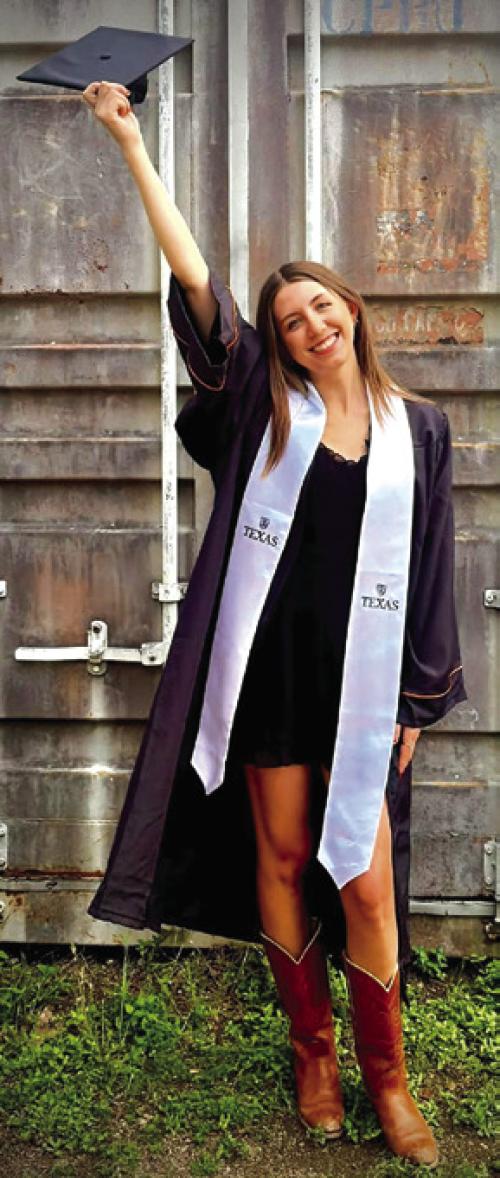 Ella Wick graduated from the University of Texas May 9 with a Bachelor’s Degree in English. She is a 2022 La Grange High School graduate and the daughter of Jeff and Chrystal Wick, and the granddaughter of Leo and Barbara Wick of La Grange and Debbie Hall and Howard Bradley of San Marcos.