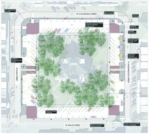 The design firm Westwood prepared this preliminary layout for the downtown La Grange revitalization project. The public can view the complete plan and provide input in-person at Casino Hall.