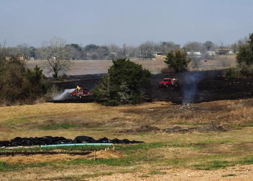 A grass fire burned about three quarters of an acre off Ruether Rd. near Rutersville Monday, Feb. 17. The La Grange Volunteer Fire Department got the call around 11:30 a.m. The property owner told the Record he set a small brush fire that morning when the wind was still. But then a south wind picked up, which apparently blew some hot embers into a patch of dry grass. La Grange VFD responded with two grass trucks and a tanker. They put out the fire and there were no major damages. Photo by Andy Behlen