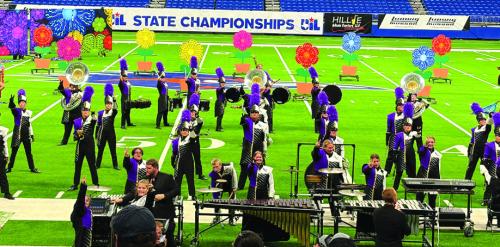 The La Grange band marches on the field at the Alamodome in San Antonio Wednesday morning during their performance at the 4A state marching competition. Photo by Regina Keilers