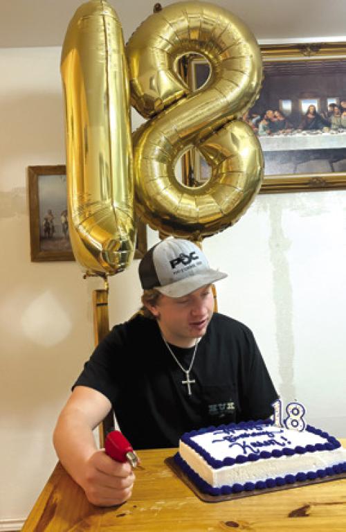 Kasen Kocian blew out his 18th birthday candles with family on Saturday, Feb. 15. His dad, Wayne Kocian, cooked hamburgers just before the rain and wind blew in Saturday evening. Family gathered for good conversation and delicious food.