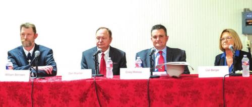 Left to right at Saturday’s political forum in Ellinger: County Judge candidates William Bernsen, Dan Mueller, Craig Moreau and Lori Berger. Photo by Andy Behlen