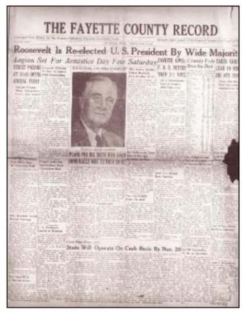 The front page of the Record from Nov. 10, 1944 when Franklin Delano Roosevelt was reelected President.