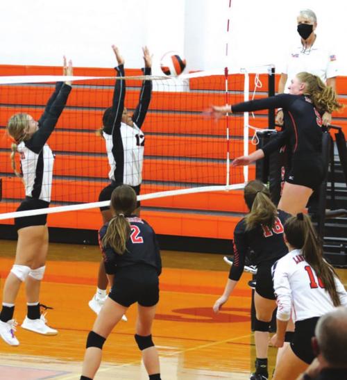 Schulenburg’s Erica Otto spikes a ball in Friday’s match against Brazos. Photo by Audrey Kristynik