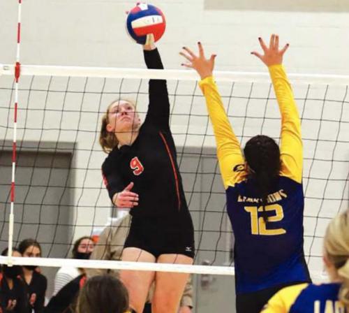 Schulenburg’s Erica Otto spikes the ball in Tuesday’s victory over Granger in Caldwell. Photo by Audrey Krislynik