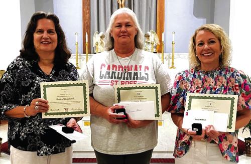 On Thursday, May 16, St. Rose of Lima Catholic School presented service awards to the following staff members left to right: five years for Sheila Klimitchek, 3rd and 4th Grade Teacher; 10 years for Carmen Stoner, Aide/Cafeteria; and five years for Kacy McBride, 1st Grade Teacher. We thank all teachers and staff for their dedication and service to the essential resource for our future – children.