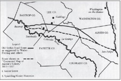 This map uses the Gotier spelling, instead of Gotcher, and is courtesy of Kenneth Kesselus. It appears on page 77 of his book, Bastrop County Before Statehood.