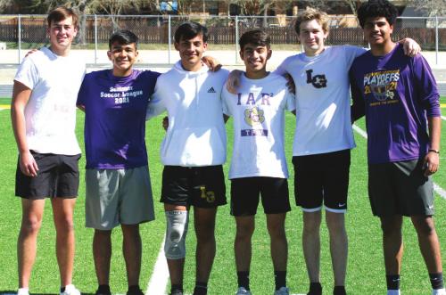 Left to right, members of the La Grange soccer defense: William Bundick, Edgar Monjaras, Luis Mendez, Matthew Garza, Owen Westall, Antonio Landaverde. Photo by Brian Pierson