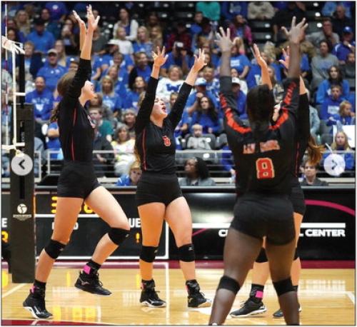 The Schulenburg volleyball team during a moment of celebration in their state semifinal match against Windthorst Wednesday. These moments were too few and far between as the Schulenburg girls lost in four sets. UIL photo