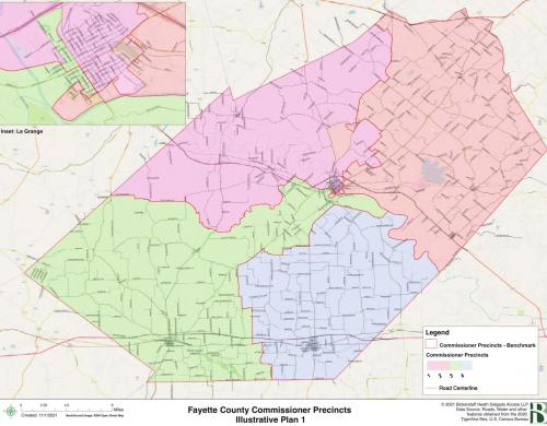 Pictured is the proposed map of the new Fayette County Commissioners Precinct lines. Shaded areas denote the newly-drawn precincts. The red lines are the old precinct boundaries.