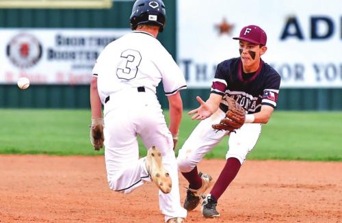 Flatonia’s Cale Janecka fields a ground ball around a Shorthorn base runner to get an out for the Flatonia Bulldogs Tuesday night in Schulenburg. Photo by Stephanie Steinhauser