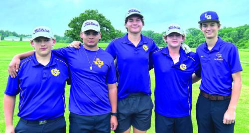 The La Grange boys golf team at regionals, left to right: Luke Chovanec, Zachuri Riojas, Gavin Hollek, Grayson Bage and Braxton Dahse.