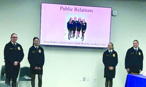 Avery Harbers, Kenna Lamza, Kylin Brawley, and Reisy Janca demonstrated their FFA competition presentation to the board at Monday night’s meeting.