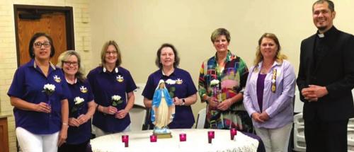Court Annunciation No. 1962, La Grange, newly elected officers for the 2020-2022 term are from left, Recording Secretary Mary Lou Anderle, Vice Regent Carolyn Weishuhn, Regent Shirley Antosh, Financial Secretary Marilyn Kothmann, Treasurer Judy Evanicky, Installing Officer District Deputy No. 11 Janet Purdy and Chaplin Fr. Alberto Carbajal Madera.